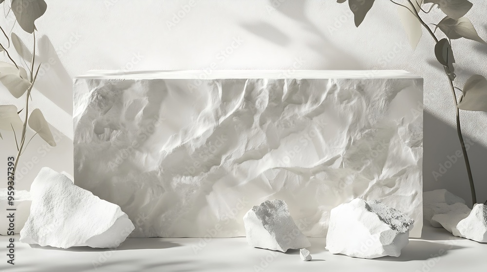 Poster Abstract nature scene with composition of White broken stone slabs podium white Neutral background for cosmetic or skin care branding for design mockups Copy space front view : Generative AI