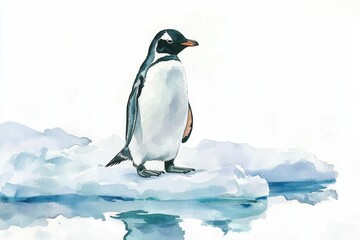 Obraz premium A serene penguin stands on an ice floe, showcasing its unique features in a tranquil polar landscape.