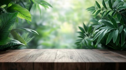Fototapeta premium Wood podium tabletop floor blurred green leaf on white wall nature backgroundBeauty cosmetic natural product placement pedestal displayjungle summer concept : Generative AI