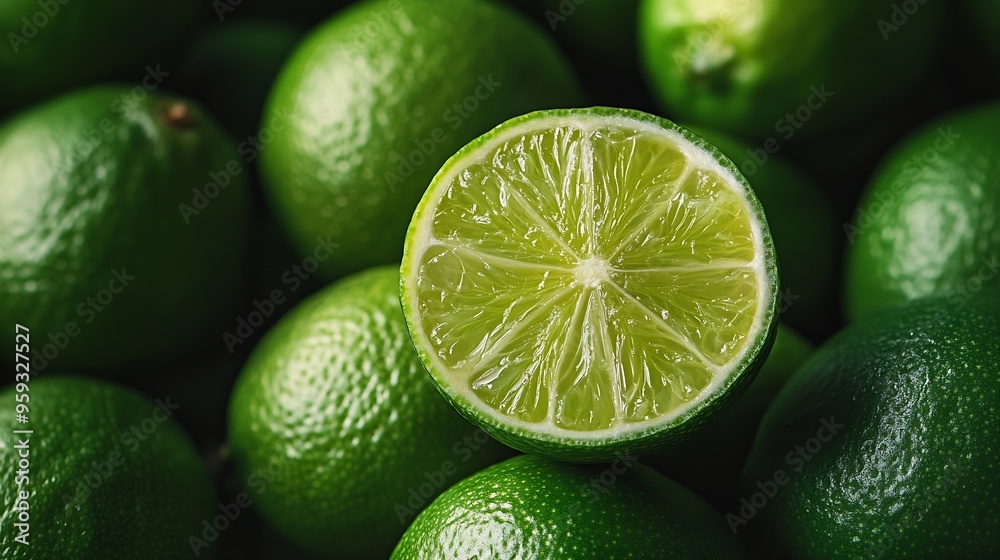 Poster natural fresh lime and lime cut in half fresh ripe green limes as backgroundtop view : generative ai
