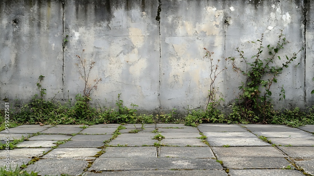 Poster grunge concrete wall at the roadiside with tiled cement sidewalk overgrown with weeds background for