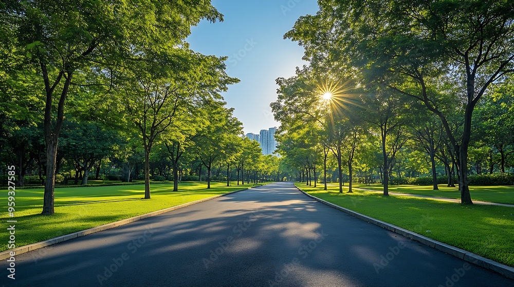Poster Empty street green city park with blue sky Pathway and beautiful trees track for running or walking and cycling relax in park on green grass field on the side Sunlight and flare backgr : Generative AI