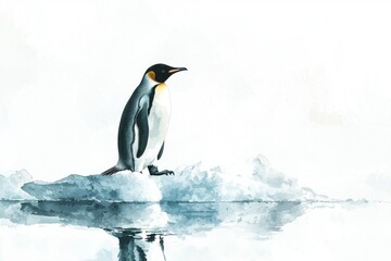 Fototapeta premium A solitary penguin stands gracefully on an ice floe, surrounded by a serene, icy landscape reflecting its beauty.