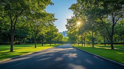 Fototapeta premium Empty street green city park with blue sky Pathway and beautiful trees track for running or walking and cycling relax in park on green grass field on the side Sunlight and flare backgr : Generative AI