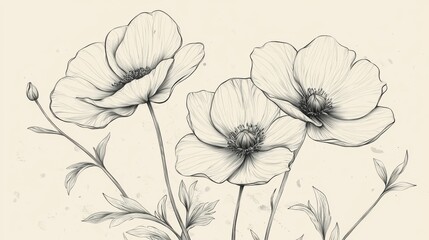 Delicate line drawing of three blooming flowers, showcasing intricate details and graceful elegance in a serene composition.