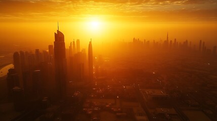 Fototapeta premium Beautiful sunset over Dubai city amazing cityscape lit with warm sun light contemporary new modern architecture view from above on a luxury property of United Arab Emirates : Generative AI