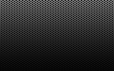 Naklejka premium Perforated metal texture. Dark carbon background. Black steel with light effect. Futuristic surface with holes. Modern industrial design for poster or banner. Vector illustration.
