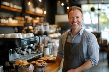 Fototapeta premium Smiling Barista in a Coffee Shop with Pastries and an Espresso Machine
