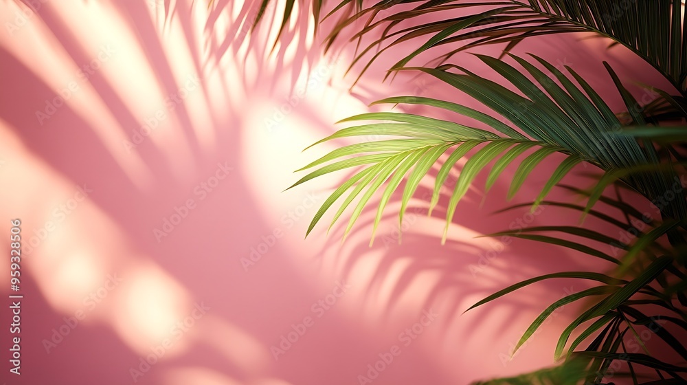 Aufkleber Blurred shadow from palm leaves on the light pink wall Minimal abstract background for product presentation Spring and summer Peach Fuzz Color of the year 2024 : Generative AI