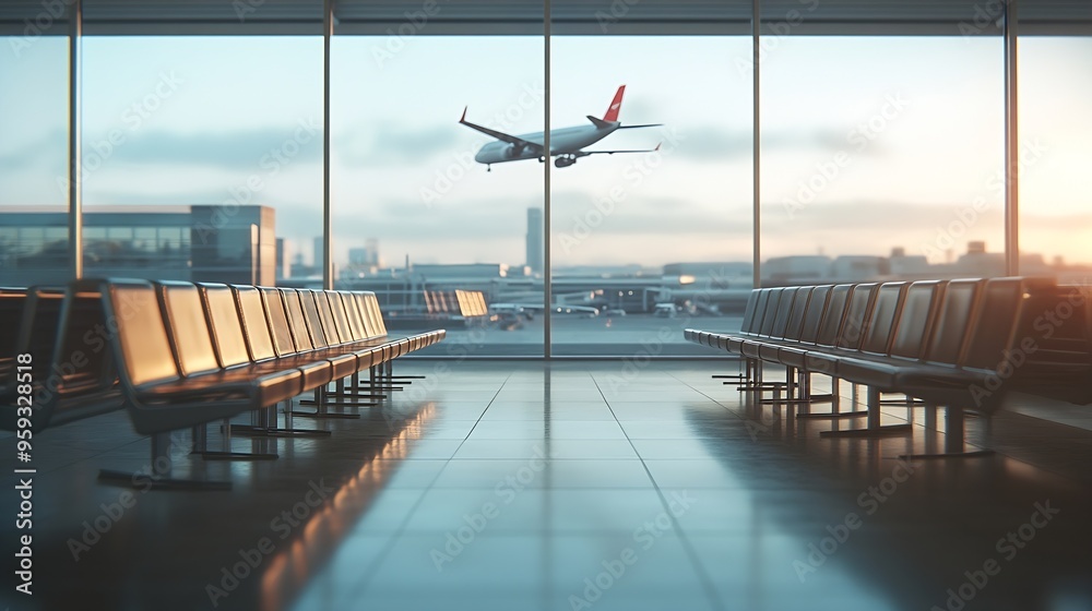 Poster Airport terminal interior with rows of empty seats city view and a flying by airplane 3D Rendering : Generative AI