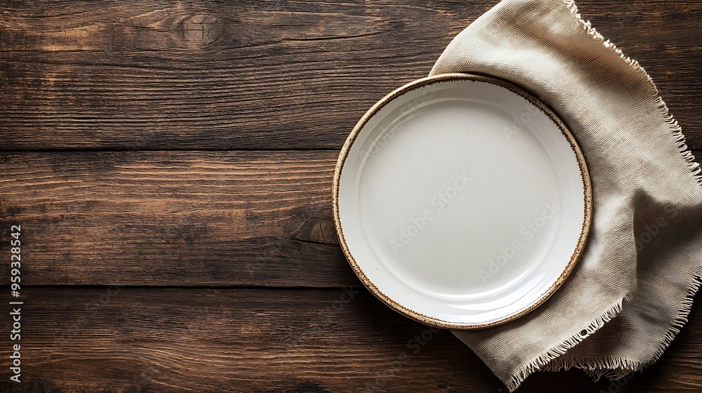 Poster Empty white plate with a beige linen napkin on a brown rustic background Top view flat lay copy space : Generative AI