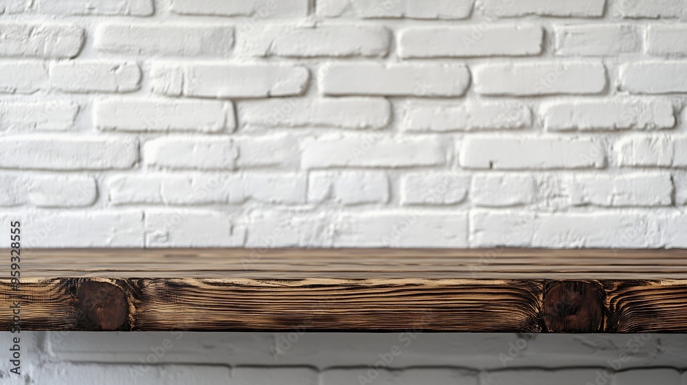 Poster empty space wooden top surface on white brick wall background with natural lighting mockup scene dis