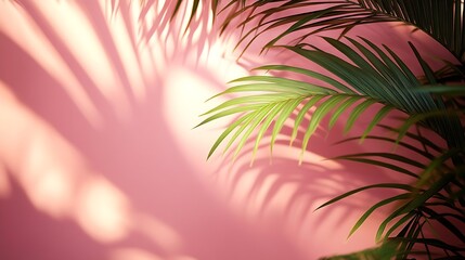 Blurred shadow from palm leaves on the light pink wall Minimal abstract background for product presentation Spring and summer Peach Fuzz Color of the year 2024 : Generative AI