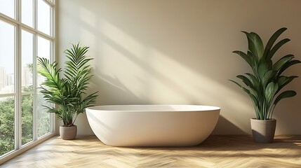 Modern luxury bathroom beige walls bathtub vanity wooden floor indoor plants front view Beautiful room with modern furniture and window : Generative AI