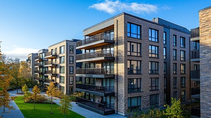 European modern residential apartment buildings complex condo real estate Glass balcony Dark brick Real house in Tallinn Estonia Sky background High quality photo : Generative AI
