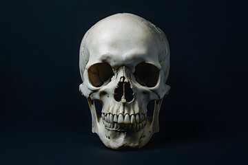 Realistic human skull with intricate details and textures. Isolated on a black background with strong contrast for a dramatic effect.