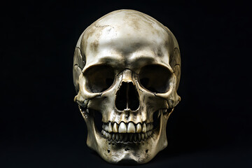 Naklejka premium Highly detailed human skull with bone textures and intricate details on black background. Dramatic and realistic rendering.