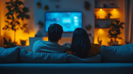 Back View of Young Indian Couple Watching TV while Sitting on a Couch in the Living Room Relaxed Evening for Enjoying Favourite Movies TV Shows Content and Ads Thank to Streaming Onlin : Generative AI