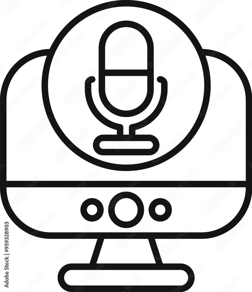 Poster line art vector icon of a desktop computer displaying a microphone, representing voice search and vo