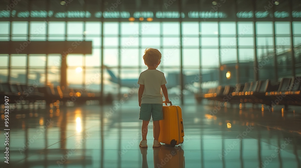 Poster boy with yellow suitcase at empty airport terminal waiting for departure looking out the window chil