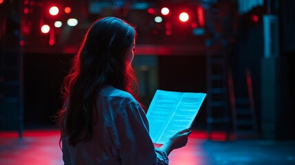 Close up of unrecognizable actress reading script backstage and taking notes copy space : Generative AI