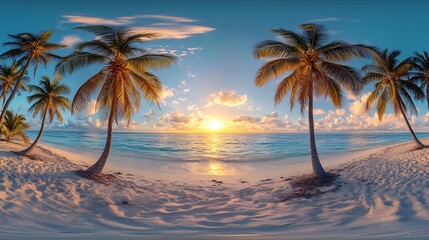 360 hdri panorama with coconut trees on ocean coast on beach at sunset in equirectangular spherical seamless projection : Generative AI