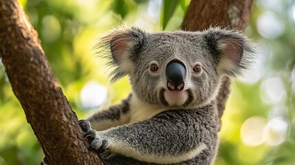 Obraz premium Closeup of a Koala Phascolarctos cinereus sitting on a tree fork looking at camera green foliage in the background Koalas are native Australian marsupials : Generative AI