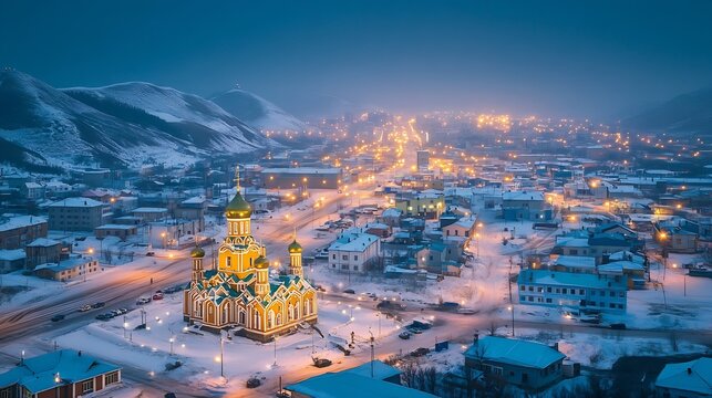 Aerial view of the city at dawn Morning cityscape Top view of buildings church and empty street Hills in the distance City of Magadan Magadan region Siberia Far East of Russia : Generative AI
