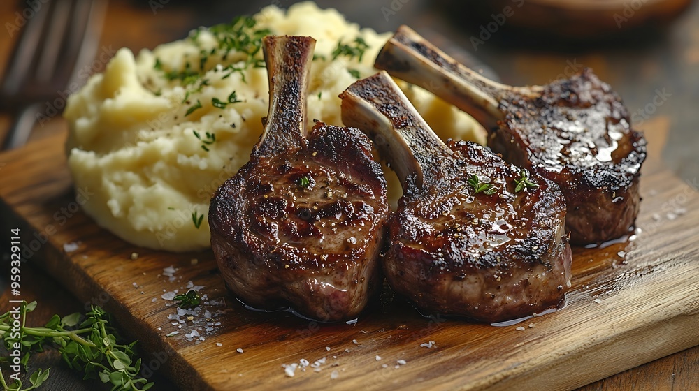Aufkleber closeup on fried lamb chops with mashed potato on the wooden table vertical : generative ai