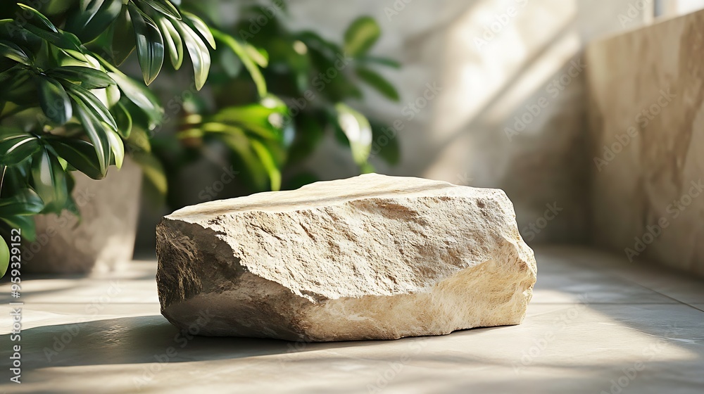 Poster beige concept product display podium rock stone with blurred background with sunlight shadow : gener
