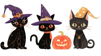 Halloween Witch Cat Icons on a White Background, Featuring Playful Illustrations of Cats Dressed as Witches. The Icons Include Classic Witch Elements Like Pointed Hats, Brooms, and Magic Potions,