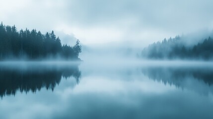 Fototapeta premium Early morning fog and smoke blend over a tranquil lake, creating a serene and mystical atmosphere in the quiet hours of dawn