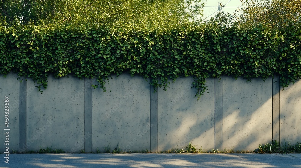 Poster house fence consisting by a long concrete rectangle block wall and a hedge above cement sidewalk and