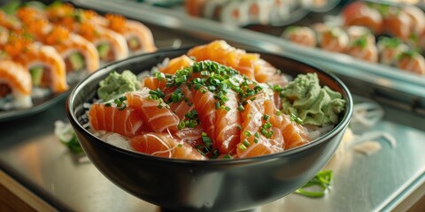 Sushi and Poke Bowl Served on a Moving Conveyor System