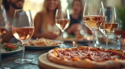 Naklejka premium Friends enjoy a home rose wine party with pizza : Generative AI