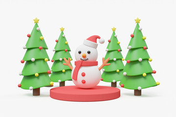 3D illustration of a snowman on a display stand with a white background with a Christmas tree for Christmas celebration and banner concept.