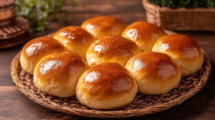 Freshly Baked Golden Brown Bread Rolls in a Wicker Basket