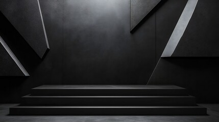 Obraz premium Modern dark black stage mockup with abstract geometric pattern of corners edges and triangles as relief for presentation cosmetic products goods advertising design in simple urban grap : Generative AI