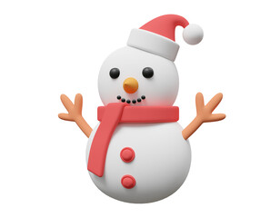 3D illustration of snowman with smiling face wearing red Santa hat and neckerchief for Christmas festival concept and decoration isolated on transparent background.