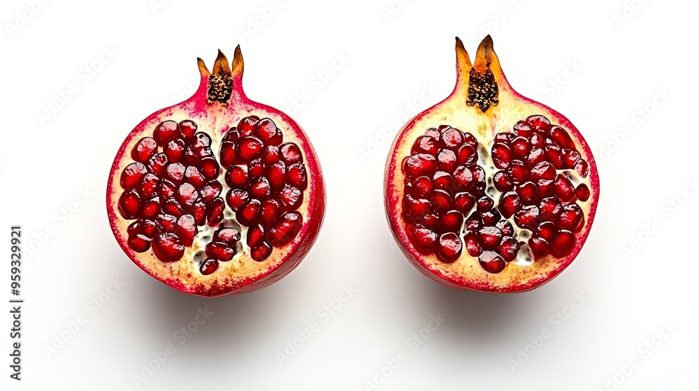 Poster pomegranate with cut in half isolated on white background : generative ai