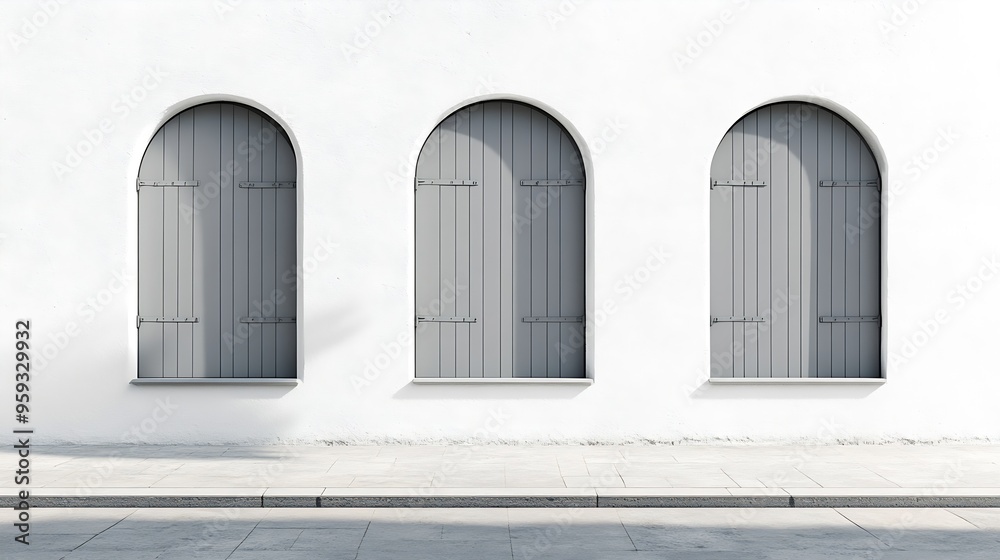 Poster closed gray arched shutters on a white facade concrete sidewalk and street in front background for c