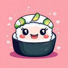 Naklejka premium Cartoon Sushi Roll with Smiling Face and Avocado Toppings