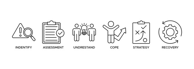 Crisis management icon vector illustration banner web for business strategy and organization of identify, assessment, understand, cope, strategy and recovery