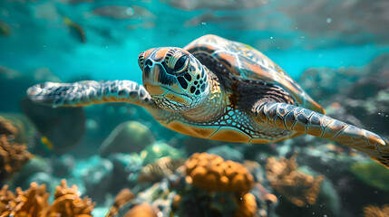 Fototapeta premium Sea Turtle Swimming Through Coral Reef Illustration