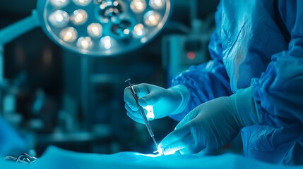 Hand of the Surgeon holds surgical instrument inside operating room in hospitalDoctor in blue uniform did minimal invasive endoscopic keyhole spine disc surgery technologyPeople work w : Generative AI