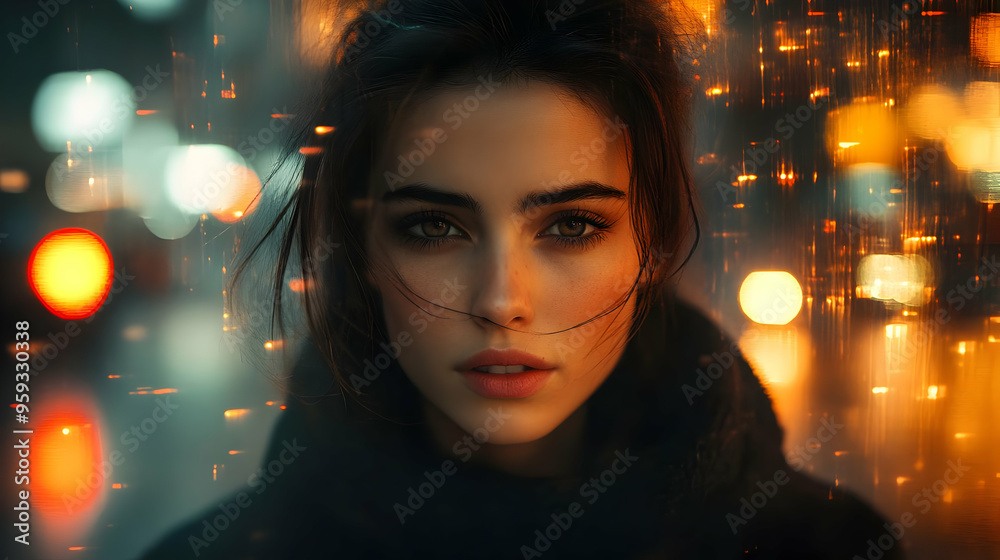 Canvas Prints A young woman with long dark hair looks directly at the camera with a serious expression. Her face is illuminated by warm, blurry lights in the background.