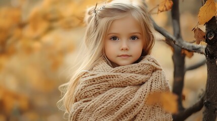 Fototapeta premium A beautiful little girl with long blond hair wrapped in a knitted blanket stands in the forest on a hill A girl stands thoughtfully near a tree branch in the park : Generative AI