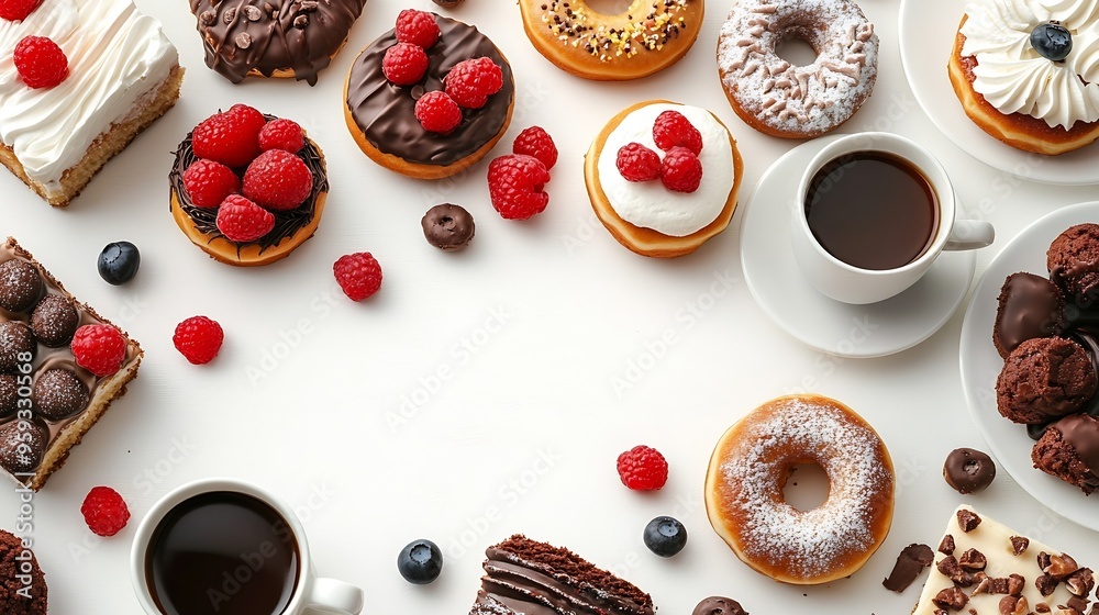 Poster table with various cookies donuts cakes cheesecakes and coffee cups on white background delicious de