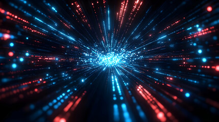 Naklejka premium Abstract background with glowing red and blue particles converging in the center.