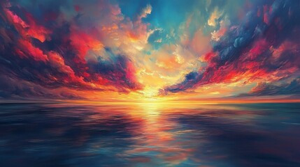 dramatic sunset sky over a tranquil ocean, with vibrant colors reflecting on the water and creating a stunning, peaceful landscape